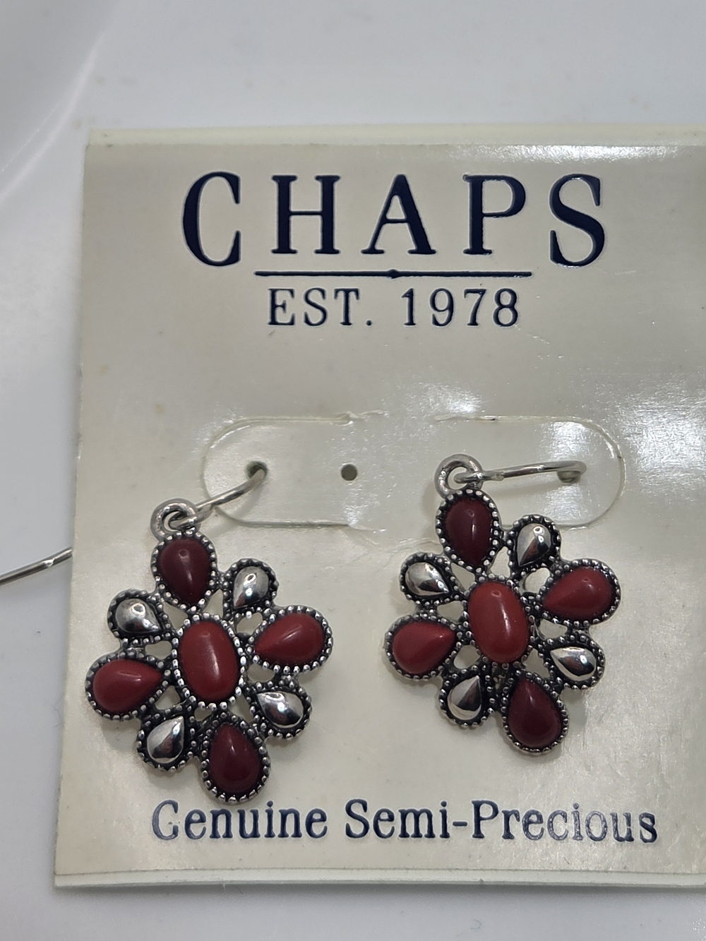 ✨ NWT CHAPS Red Semi-Precious Stone Flower Drop Earrings 🌺 Southwestern Silver